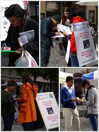 路人在苏黎世古城区希尔申广场（Hirschenplatz）签名制止中共活摘法轮功学员器官