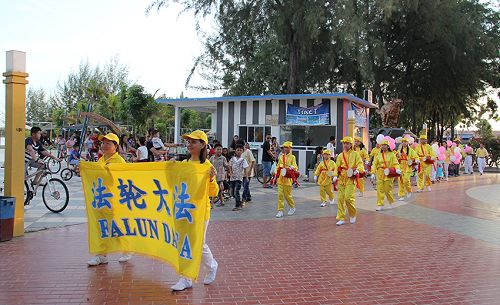 法轮功腰鼓队在新奥卡里那公园里表演