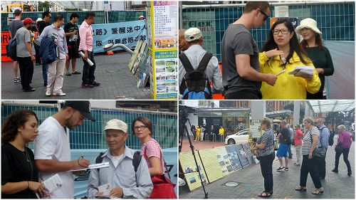 新西兰民众驻足观看真相展板，和学员交谈