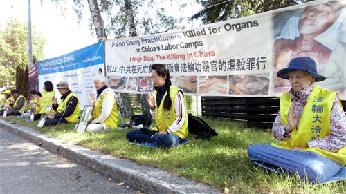 '图4：二零一九年七月十日，法轮功学员在驻芬兰中使馆前集体炼功，以和平方式反迫害'