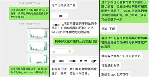 图10：武汉肺炎病毒的最初发现者的内部微信交流截图，显示武汉冠状病毒源于SARS冠状病毒家族。