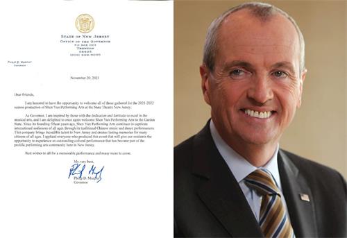 '图2：新泽西州长墨菲（Phil Murphy）给演出主办方发贺信，说：“被神韵艺术家在追求卓越的音乐艺术过程中表现出的奉献精神和毅力所鼓舞……（神韵艺术团）自从十五年前成立后，通过中国传统的音乐和舞蹈的表演吸引全世界所有的观众……演出将给我们州的居民提供机会，体验出色的文化表演。”'