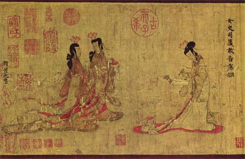 图：东晋顾恺之（约公元348年—409年）所作《女史箴图》手卷的最后一景，描绘女史（宫廷女官）正在书写箴言。女史箴图》是一幅中国绢本设色叙事手卷画，旨在图解西晋文学家张华所著《女史箴》。《女史箴》通过描绘历代宫廷女性的行为与日常生活，规劝贾皇后并为宫廷女性提供道德指引。（公共领域）